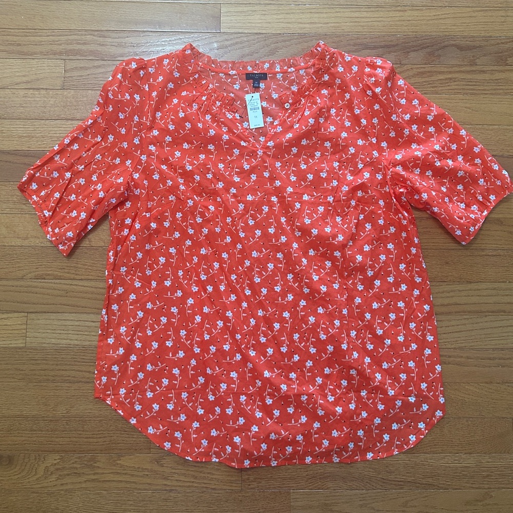 Talbots Blouse Women’s Size 1X Red White Floral V Neck Short Sleeve Cotton NWT